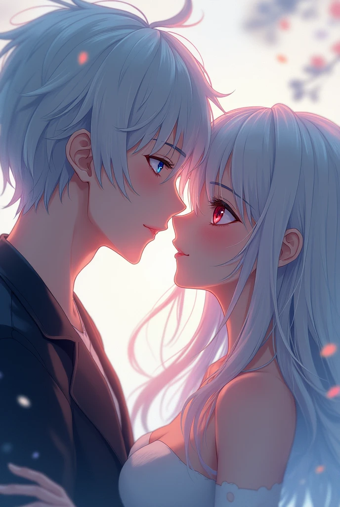 Anime guy with white hair and blue eyes kissing a girl with white hair and red eyes
