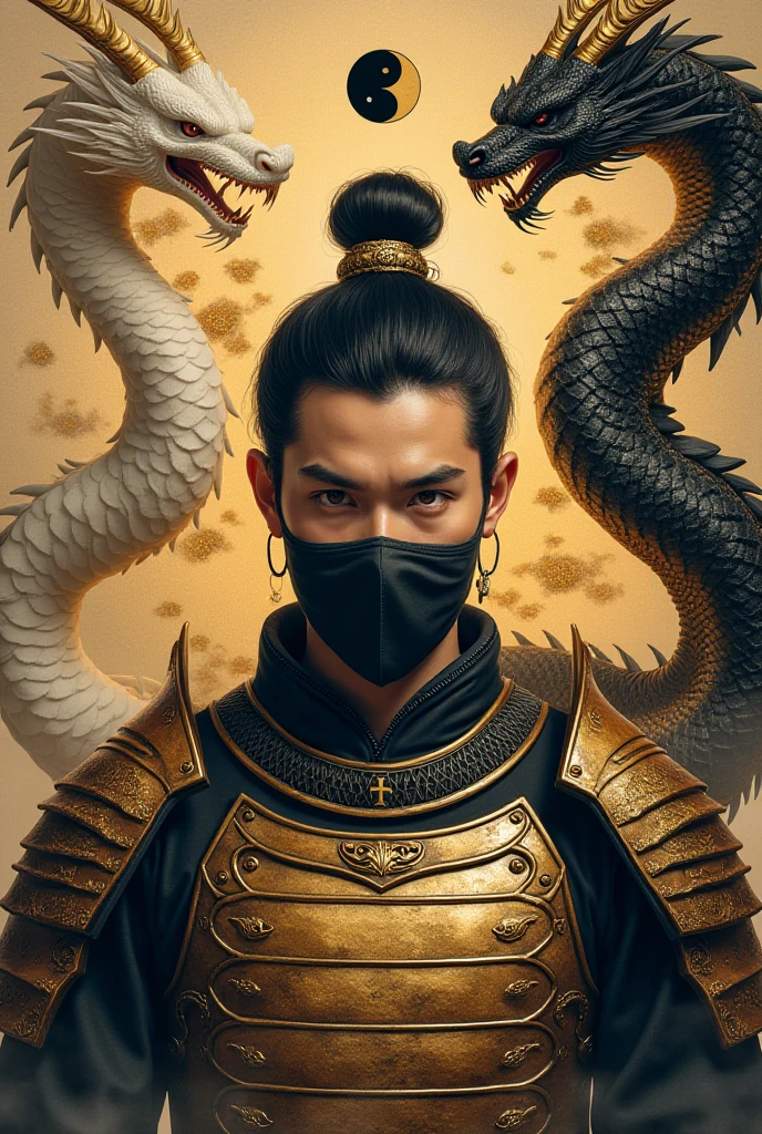 a man, with dreads, dragon mask, black clothes with gold details.
