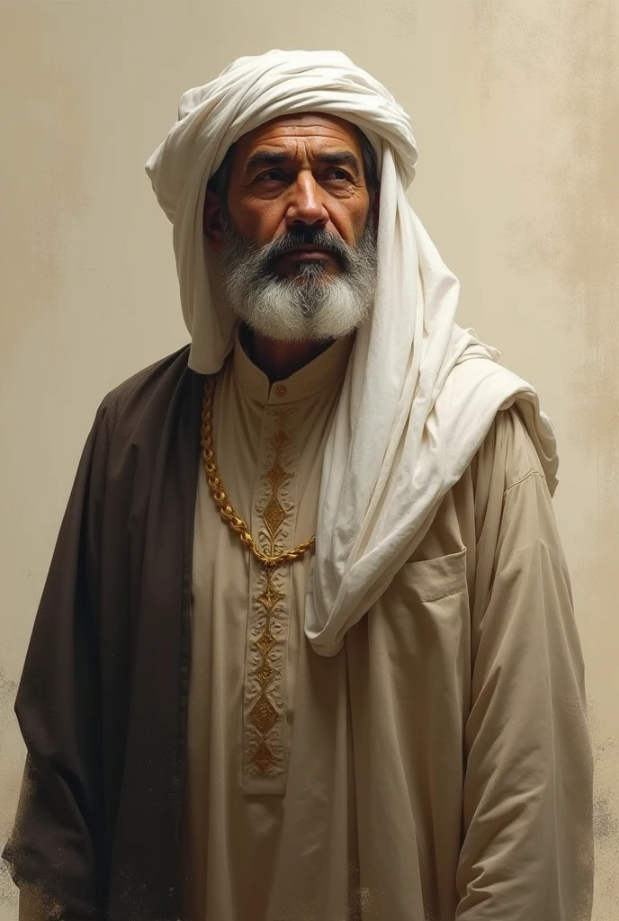 The extraordinary illustration portrait depicts: a 70 year old Middle Eastern man wearing a turban and a head covering (ghutrah) typical of the Bedouin Arabs. Showing off his horse riding skills. 50's style black and white portrait
