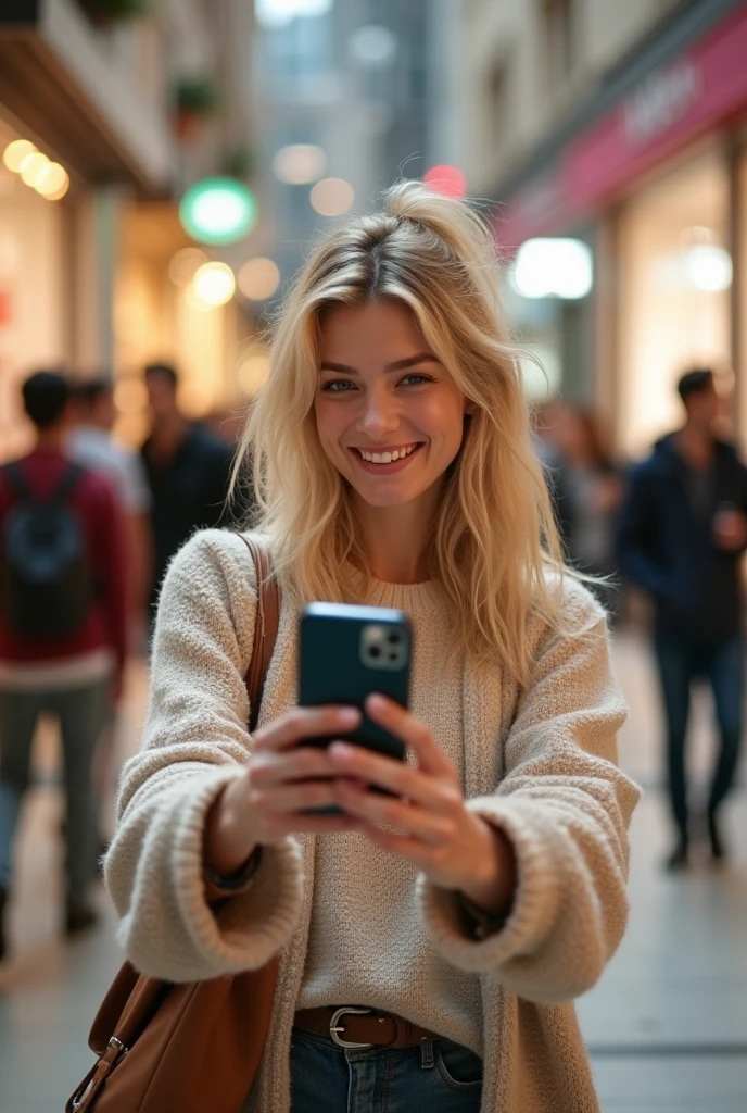 Young blonde woman in Europe holding her phone in front of her eyes,frontage,Standard facial features,Laugh and rejoice,Beautiful young woman of Caucasians,Super soft and real details,Modern age city,ultra-clear,real photograph,Cinematic lighting effects,8K