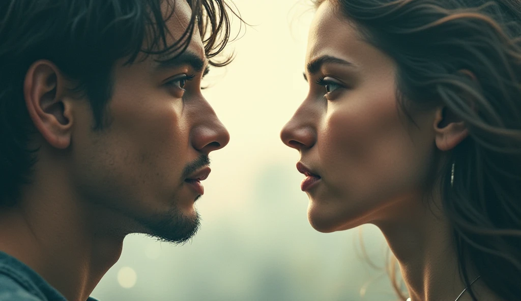 Long brown hair girl angry with fit guy messy black hair without facial hair 