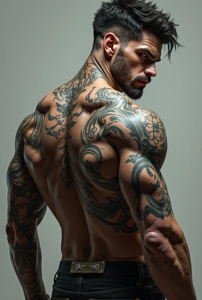 a tall, white man of exuberant beauty, strong and tattooed, wearing only underwear