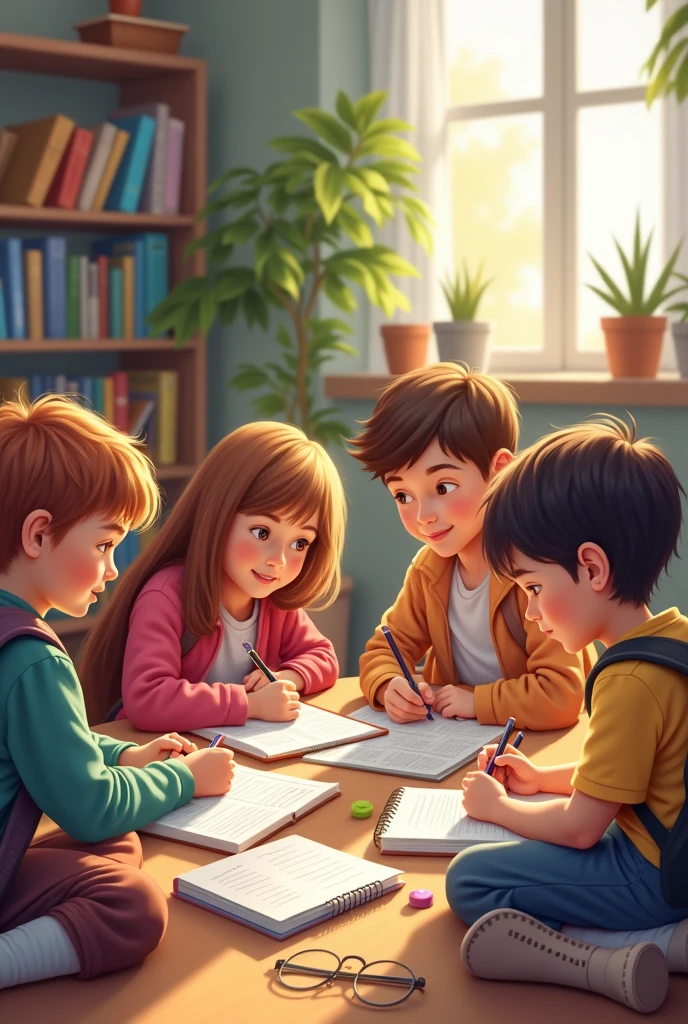 Styl obrazkowy, cartoon. Bright room of the library. There is a large round table in the center. Three children are sitting on chairs at the table: two s and one , with a white complexion, different hair colors. Children talk to each other, they are smiling. There are open books on the table. In the background there are bookshelves