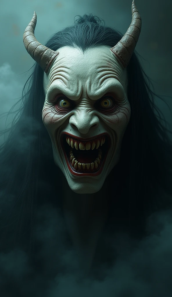 A demon with a golden eye and the other green. wavy hair long to the ear of black color, psychopathic face