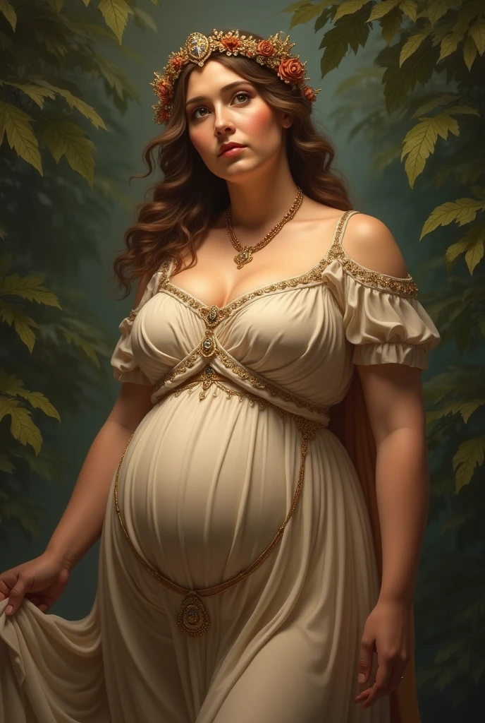 (((Pre-Raphaelite painting of a pregnant blonde mother with white veil holding a pine cone high in the pine tree, paisagem celta)))