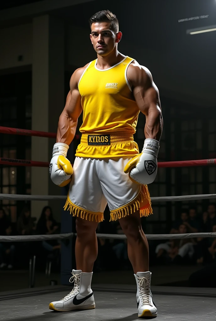 DC Comics character ((King Shark)), fat, plump, belly, musculated, dressed as fighter in a boxing ring. Realistic style, cinematic, amazing lightning