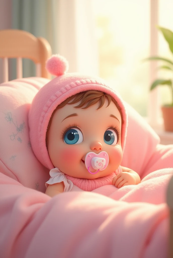 Pixar style image, There is an 8-month-old baby, wearing a white robe with a pink stripe sitting on mom's lap