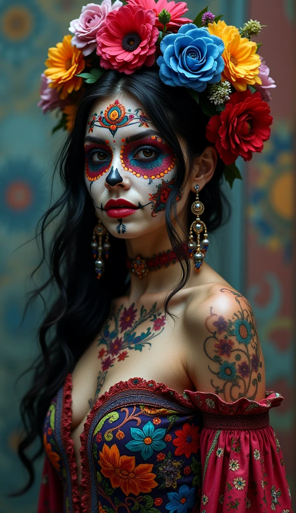 beautiful detailed eyes, beautiful detailed lips, extremely detailed eyes and face, ruby red irises, thick eyebrows, portrait, girl with multi-color day of the dead makeup, nude figure, dramatic lighting, dramatic pose, intricate headdress, vibrant colors, cinematic composition, digital painting, hyper detailed, artstation, award winning, nude masterpiece, (wide angle:1.4), wearing nothing but high heels, contrapposto stance, whole body tattooed, body piercings, accurate nipples, defined areola, rosy pink areola
