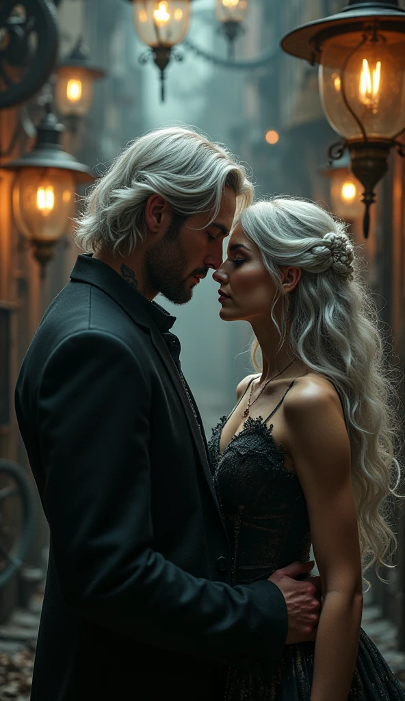 best quality, masterpiece, ultra high resolution, (lifelike: 1.4), original photo, 1 girl, Off the shoulders, movie lighting, kissing pose, Heterochromia, white hair, white hair