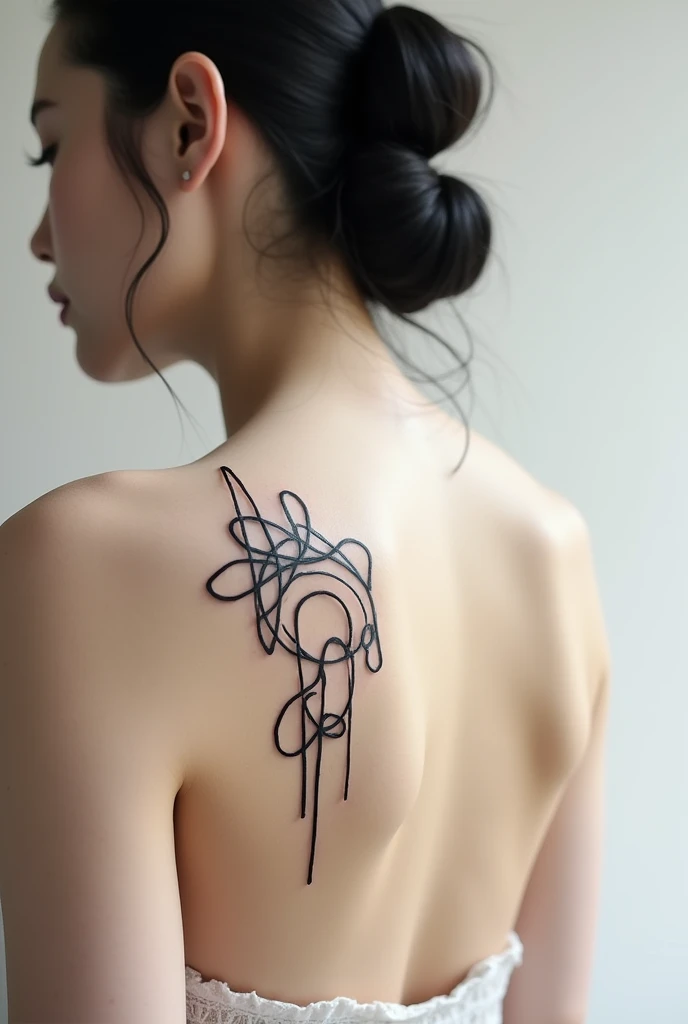 Design an abstract minimalist tattoo with the number 790 integrated in thin lines and dots. Numbers can be formed by a continuous line that also creates abstract shapes around, like circles or spirals. The design should be black and simple, but with an artistic touch.