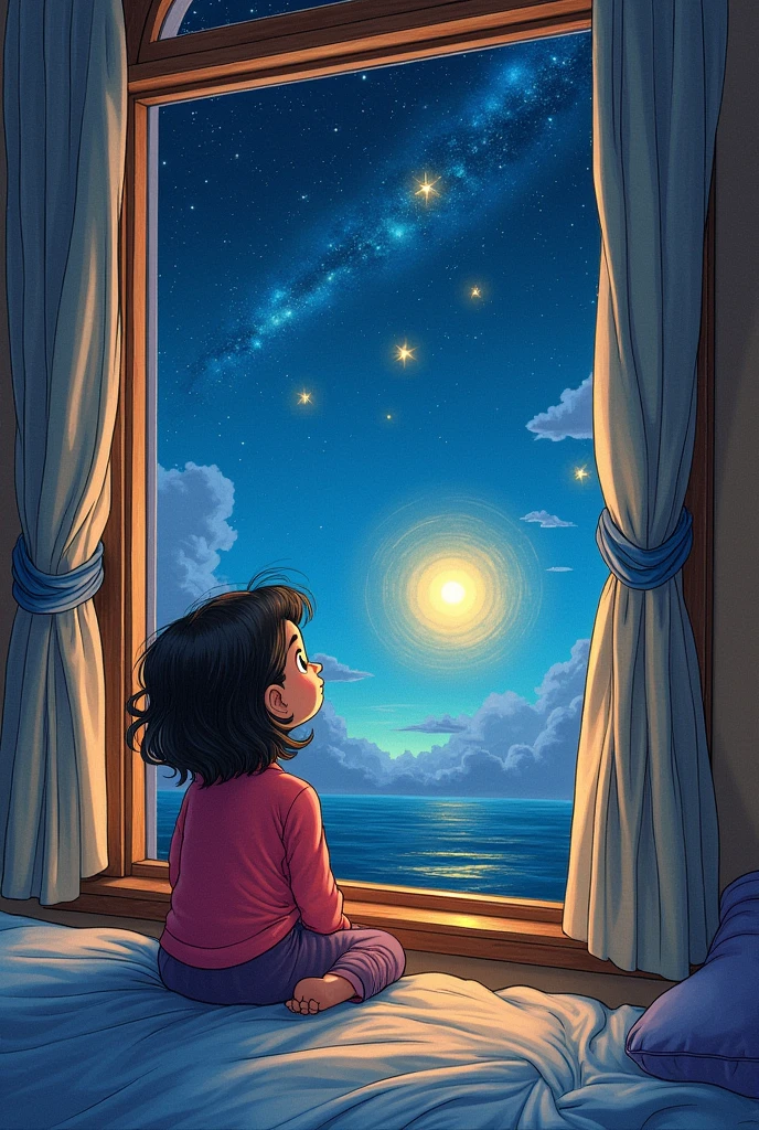 Wallpapers,tmasterpiece,best qualtiy,cinematic Film still from,Boys and girls sit together,Boy doing homework by the window,The girl looked at the starry sky,Looking at the sea in front of you,A full moon,autumnal,beachside,A huge book was outside the window