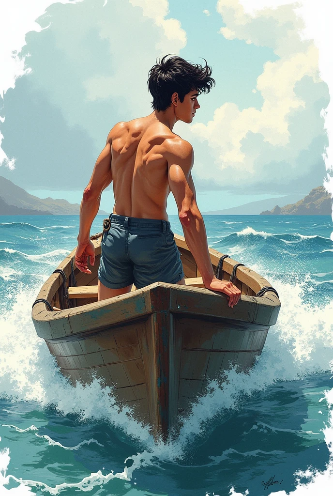 Mermaid at sea, man on the boat by the sea, impressionism, capturing light and atmosphere, loose brushwork, outdoor painting, natural scenes, color harmonies, soil, human, above water, expansive horizon, reflections, serene atmosphere, sunlit ripples, heroic scene, fishing boat in the background, fishtail