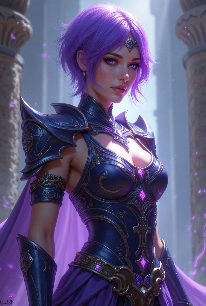 (Masterpiece, Superb Detail, Super Detailed, High Resolution), Male Focus, (((Female Armor))), (((Armor Purple Dress Set))), (She Has Long Purple Hair, Medium Breasts, Slim, perfect body, beautiful face), look at viewer, (((purple panty))), (((smoke))), City Ruins, Background Details, Solo