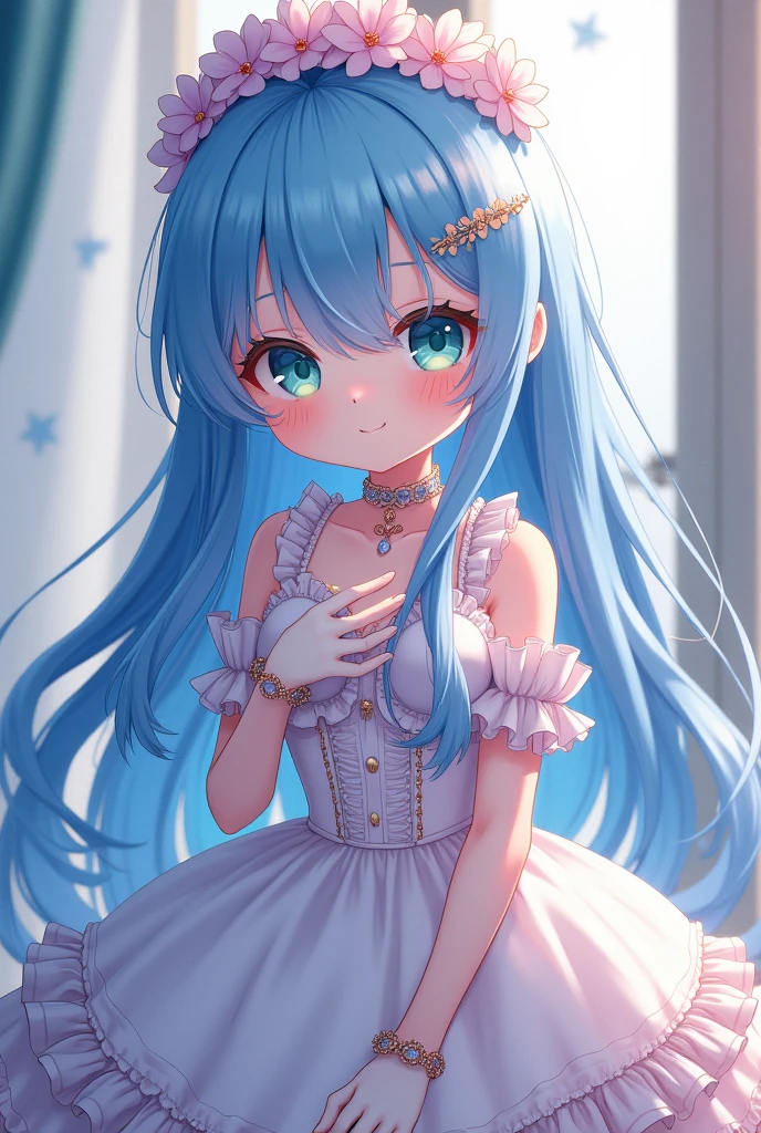 a women, blue butterfly, blue hair, pink eyes, blue dress