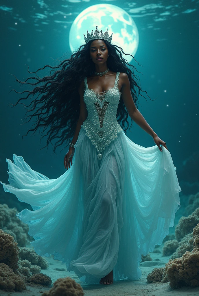 Create a majestic image of Yemanja, The Goddess of Waters, represented as a black woman of serene beauty and power. She is emerging from the ocean, with long, wavy black hair flowing in the wind, adorned with pearls and shells. Your skin glows softly in the moonlight, and she wears a light blue and white dress, that mixes with the waves. Ao redor dela, The sea is calm, reflecting the moonlight and the brightness of the stars. Iemanjá wears a silver crown and holds a hand mirror decorated with marine details.. No fundo, there are fish, corals and dolphins swimming, all revering his divine presence. The scene is serene, mystical and full of reverence, highlighting its deep connection with water and nature