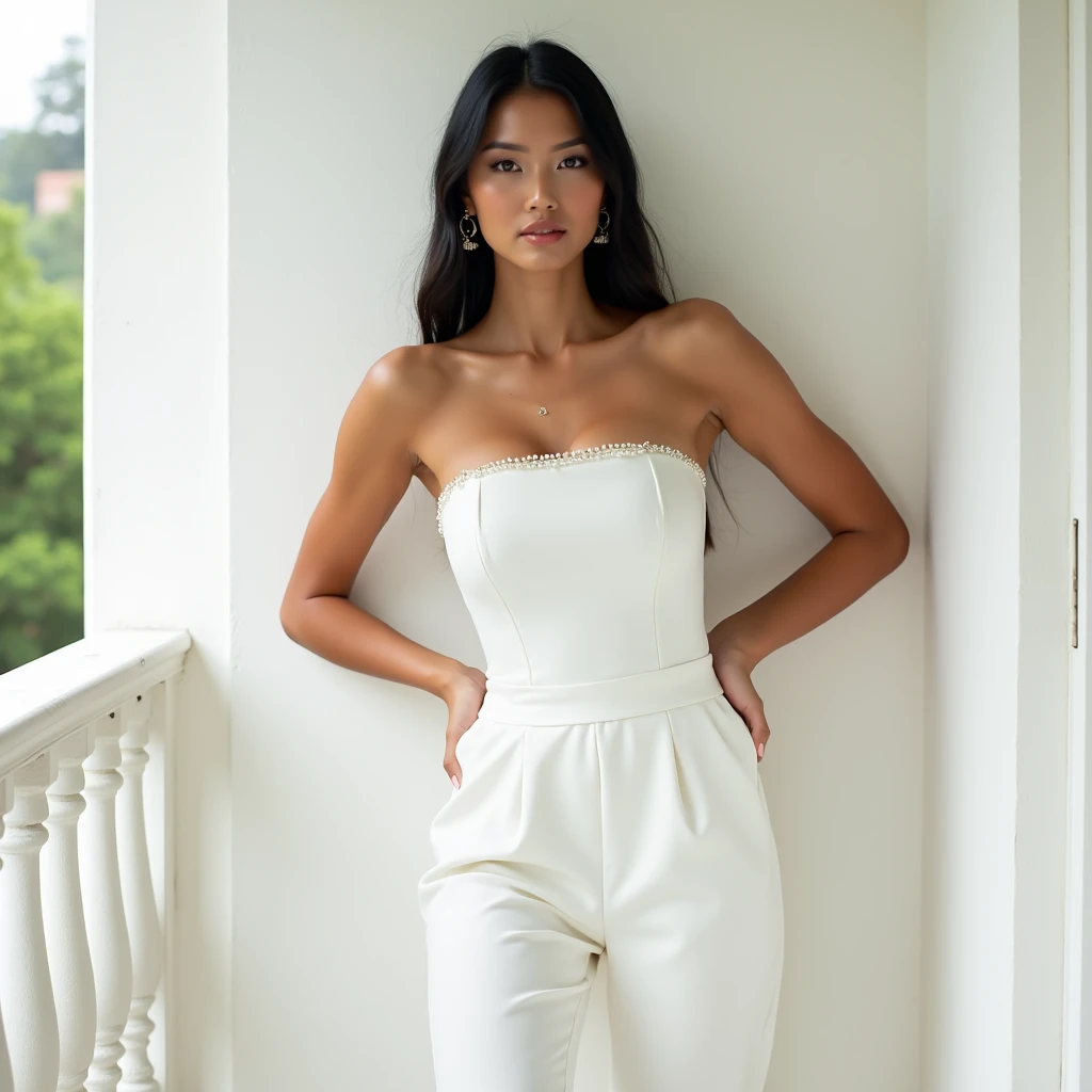 A woman, standing outside a rural grand stately house. Wearing a white outfit. The top is a classic plain white corset. sleeveless corset, cropped bustier corset. strapless sweetheart neckline. The loose pants are made of layers of soft opaque cotton fabric. flared, full length pants. Simple layers, pants with no gathers, no pleats., no seams. The pants are printed with a subtle faded pattern. white air max 95. facing the camera, happy carefree demeanour