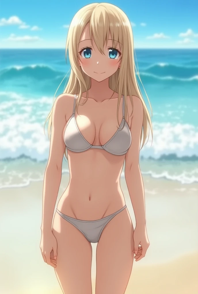 lighting like a movie、top-quality、Girl with an embarrassed face、Standing on the beach、Shiny white bikini、in 8K、a blond、Small body、small tits、(thighs thighs thighs thighs:0.5)、Slender Line、