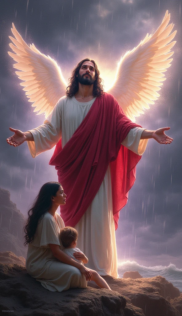 Jesus as a superhero with a boy and a girl in heaven, to color. 
