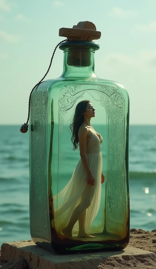 Image réaliste, plus détaillée et très précise. Il montre une femme dans une bouteille en verre, criant fort, mais personne ne l'entend.
Localisation : En mer, hautes vagues, épais brouillard, au coucher du soleil. 
 Photo principale : Une femme bien figurée vêtue d'une robe en soie rouge, belle, à l'intérieur d'une bouteille qui ne peut pas sortir. 
 • Environnement (mer), coucher de soleil, une lumière douce rayonne derrière la femme pour créer un effet d'éclairage cinématographique.