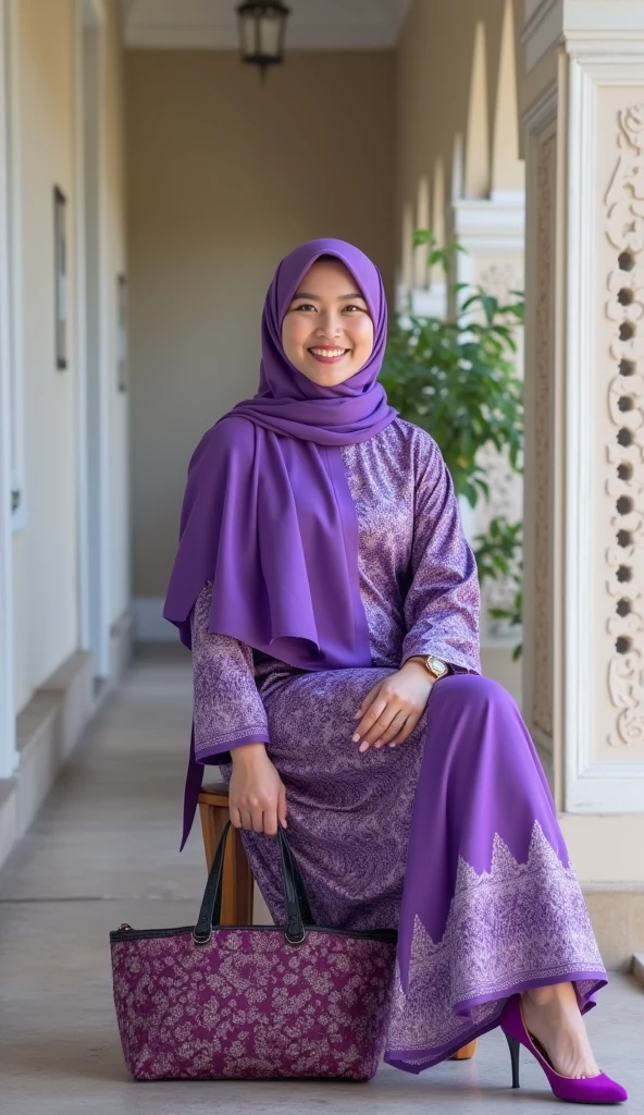 Craft an outstanding portrait that celebrates the beauty and individuality of a Malay girl in a lilac hijab and wear floral baju kurung. Showcase her personality and story through creative composition and lighting. Use natural light or unique artificial lighting to add depth and character to the portrait. Pay attention to the details of her hijab, clothing, and accessories, highlighting their textures and colors. Encourage the subject to express her emotions and character through her gaze and pose, creating a compelling and empowering portrait that captures her strength and uniqueness.