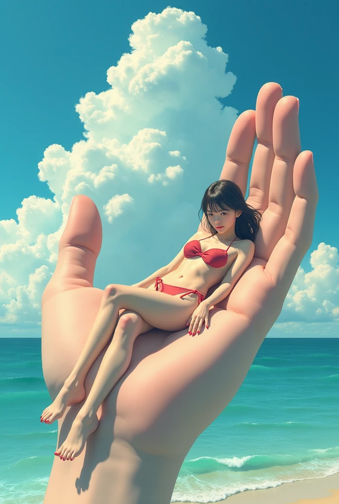 A woman in a bathing suit enjoying herself lying in the sun on the beach but a giant hand grabs her