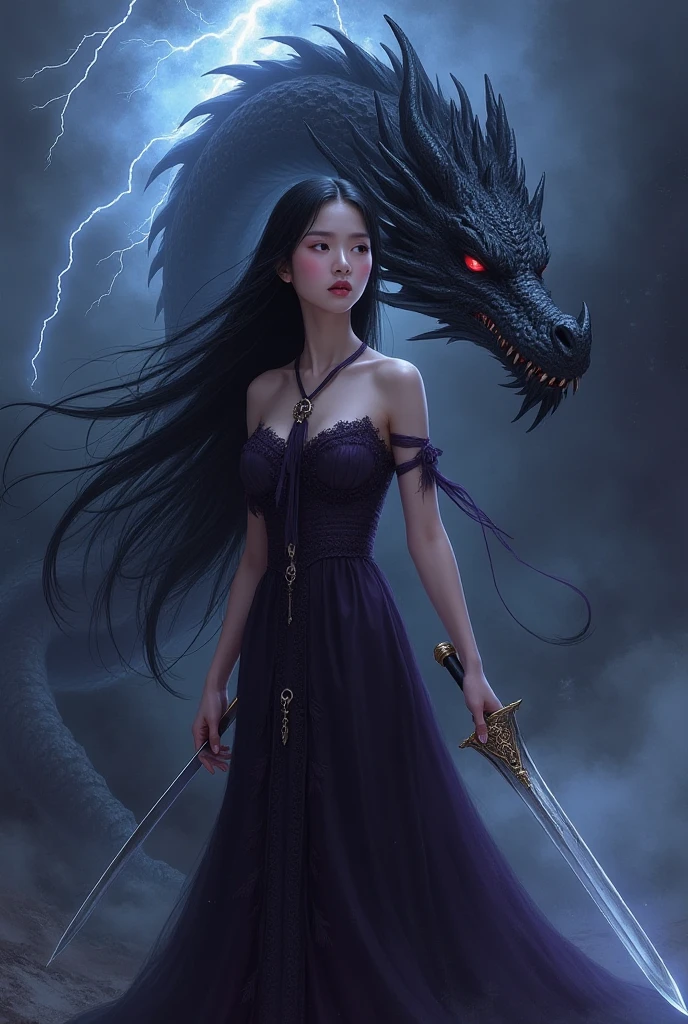 ((best quality)), ((masterpiece)), (detailed), A digital illustration of a young woman in peach color dress with long black hair wearing a pearl locket surrounded by dark storm clouds and monsters. She has a positive energy above her and a word Jimni girl is written at center