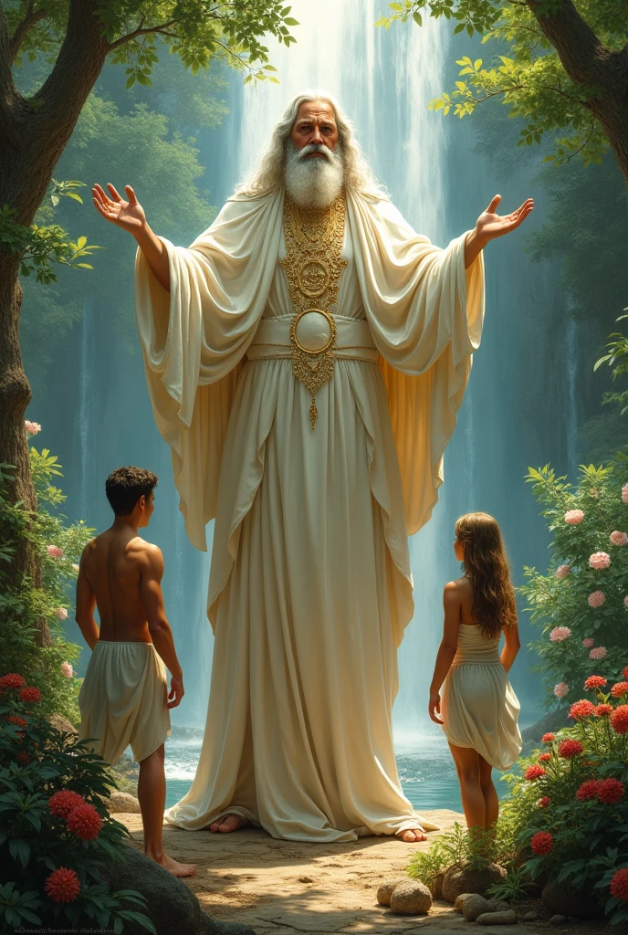 16k, 32k, UHD, masterpiece, best quality, upper body, God, who is super vast and gigantic, wearing white and shimmery gold robe, long white hair, white beard, holding Adam in his hand. God is super Gigantic and Adam is as small as God's little finger. God puts Adam into the beautiful enchanting garden of Eden. Adam is 20 years old, athletic body, light brown wavy hair and human, but he is tiny as God's little finger while in God's hand.