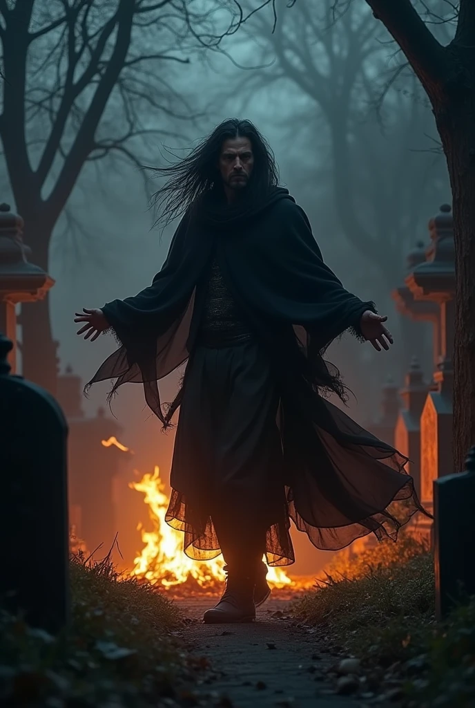black man with skull face, Profile, wearing no shirt, black pants with frayed hems, a black cloak with gold trim, a hood covering the head and hiding part of the face, kneeling on a tomb in an ancient cemetery, a one woman, long black hair, long red period skirt and corset dancing in the background, on a mysterious moonlit night. the image should have darker tones, sending the night