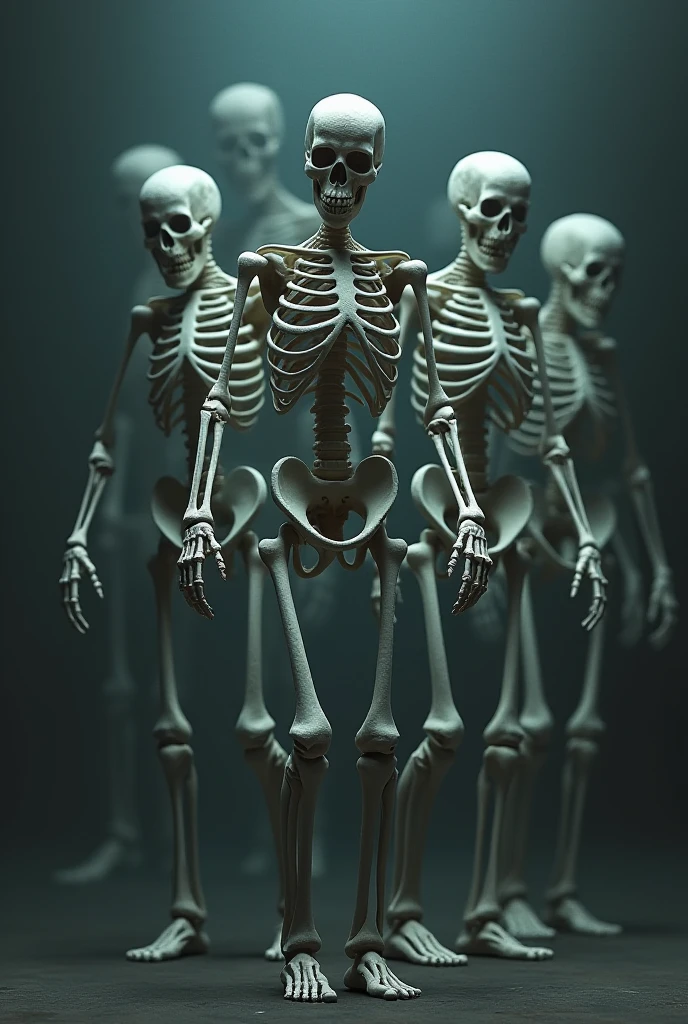 Three skeletons,simple background,seeing viewer,woman,perfect skeleton.