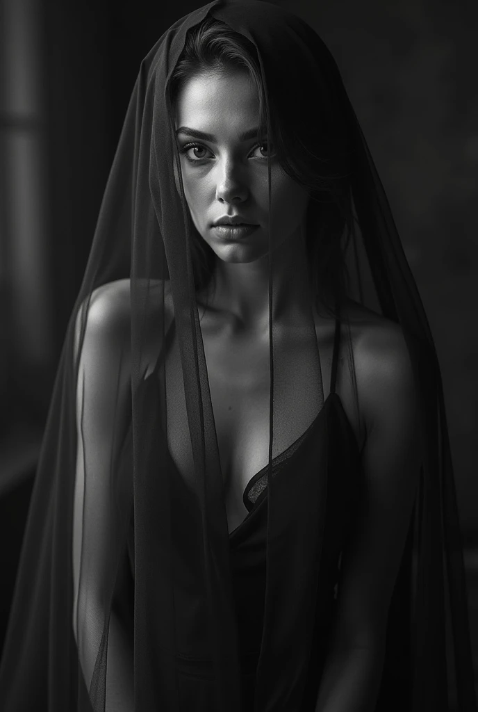 woman bathed in soft light, leaning against a wall, looking into the camera in a moment of raw emotion. Her attire is minimal, accentuating her beauty with the dramatic shadows cast by the lighting. The background is stark, with sharp contrasts highlighting the contours of her form. The blue and black palette intensifies the mood, evoking a sense of mystery and allure. Subtle film grain and meticulous shading add depth and texture, emphasizing the emotional gravity of the scene. The lighting creates a chiaroscuro effect, accentuating her expressive pose and the intense atmosphere.