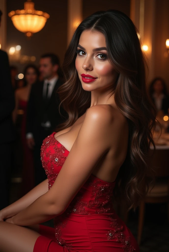 masterpiece, Best Quality, Illustration, Ultra-detailed, finely detail, light resolution, 1 Caucasian girl, solo, 8K Wallpaper, Perfect dynamic composition, Beautiful detailed eyes, red lips, wearing a red colored glamorous mini dress with cutout details, Long brunette hair, perfect breasts, Natural Color Lip, in a top-end very busy Italian restaurant in Texas, Random poses, hair blowing in wind, smiling at the viewer