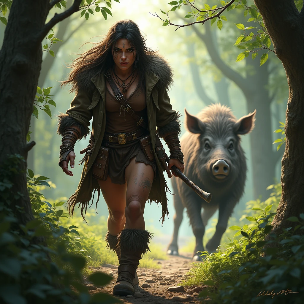 Christina Rene Hendricks (Fantasy warrior, sexy fur bikini, hair up in ponytail, battle axe), riding on a saddle on the back of a big ferocious brown bear. Christina and her bear are fighting goblins on a battlefield
