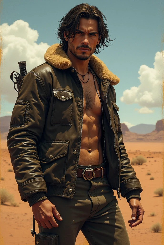 Photography of a 20 year old Asian guy with long curly hair wearing a leather jacket, torn black pants, boots, wearing a headband, holding a gun, giving off a cool light effect, desert background