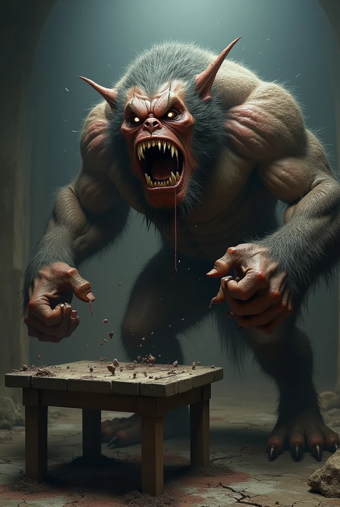 I want to create a 50kg weight plate with a usage mark "rust ", and with details of blood around I need this image to be in the form of animation and have a muscular man in the shape of an animal biting the ring with a piece of it in his mouth with blood around it and underneath the ring a dead chicken with its head cut off 