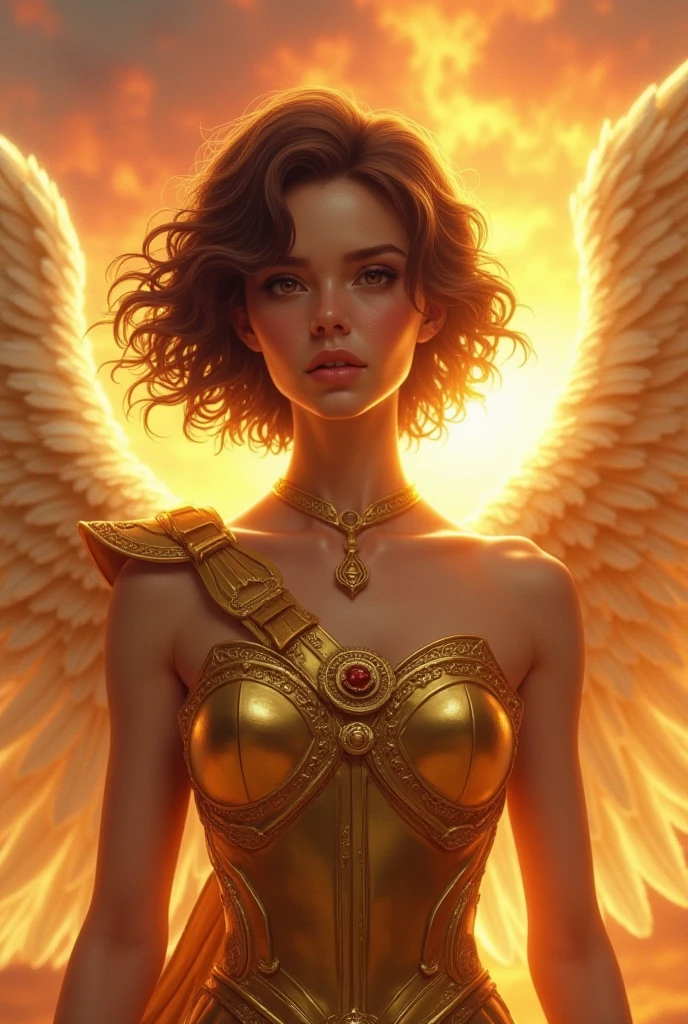  with brown skin color, with short hair with straight bangs, with yellow highlights, honey colored eyes, wearing a yellow and gold dress with griffin symbols, a griffin headpiece, and a griffin necklace