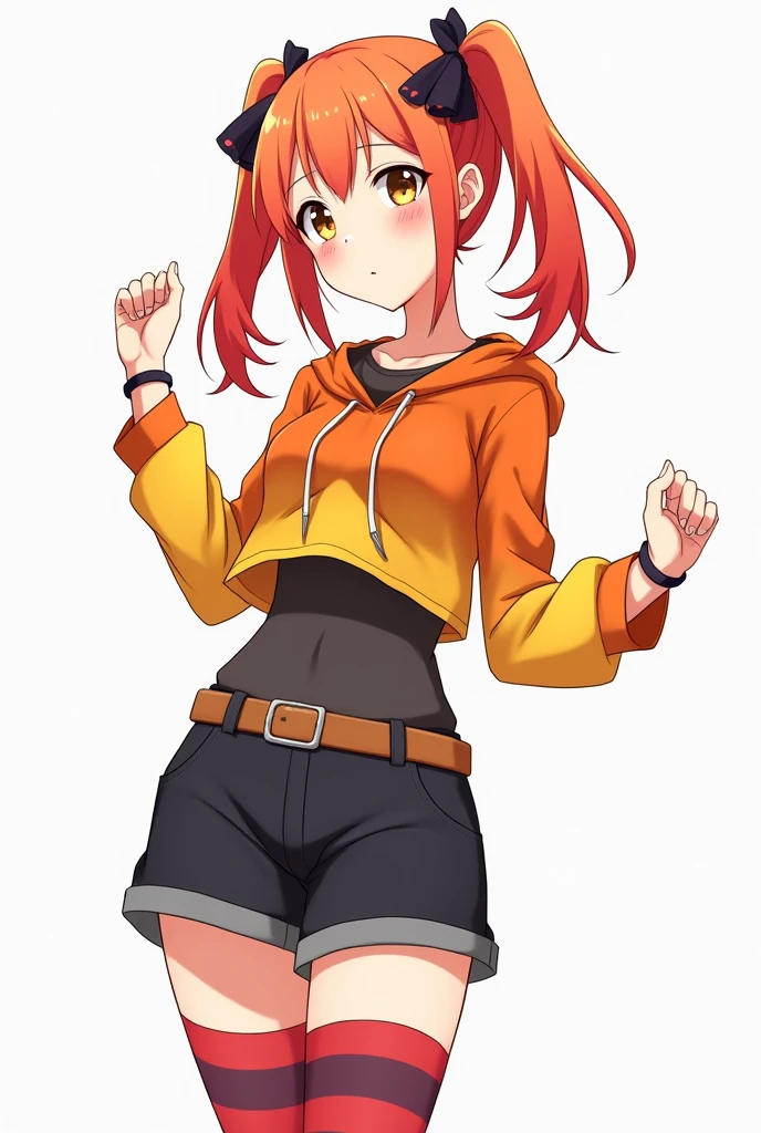 itsuka kendou, 1girl, solo, long hair, breasts, looking at viewer, smile, blue eyes, simple background, shirt, white background, closed mouth, ponytail, short sleeves, cowboy shot, shorts, orange hair, hands on hips, side ponytail, short shorts,  blue shorts, yellow shirt  <lora:ItsukaKendoLoRA-10:0.6>
