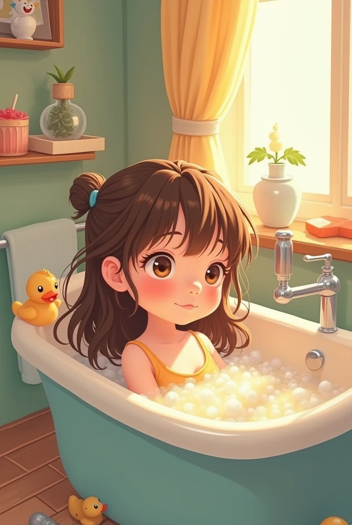 9 year old girl with white skin, straight brown hair, black eyes, bathing in the Disney style shower. animation