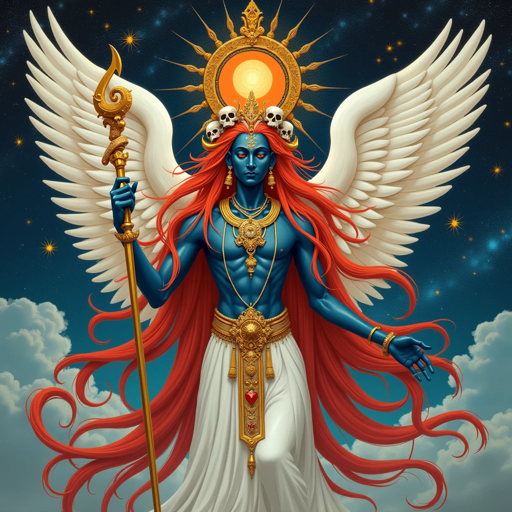 Create a woodcut style image digital art surreal art that depicts a mystical figure with divine characteristics, the figure is one chosen by the gods of spirituality,energy leaving your body, Use a vibrant color palette, including blue, oranges and whites, to create heavenly contrast and a stunning visual effect