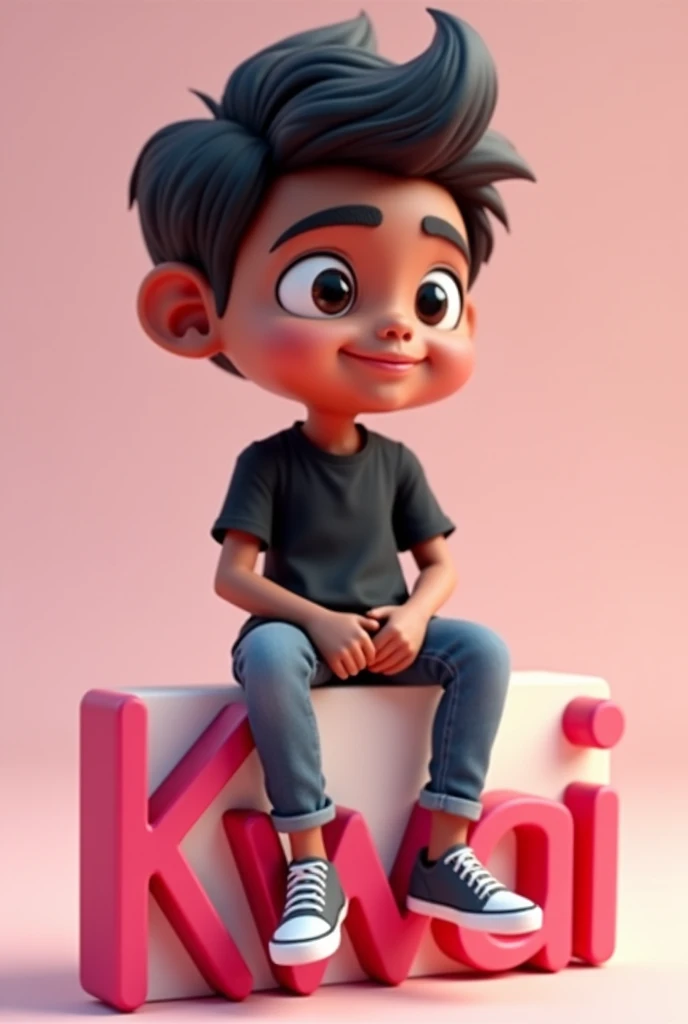 Create a 3D illustration of an animated Indian character sitting casually atop a social media logo "kwai". the character must wear a black t-shirt , Short Hair , dark skin, slightly pulled eyes