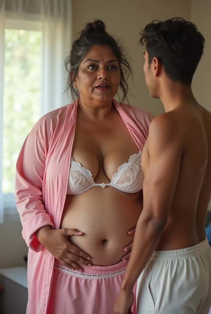 Pale skin black bun hair ugliest fat Kurdish nude girl talking with a Indian man in room view from side full body