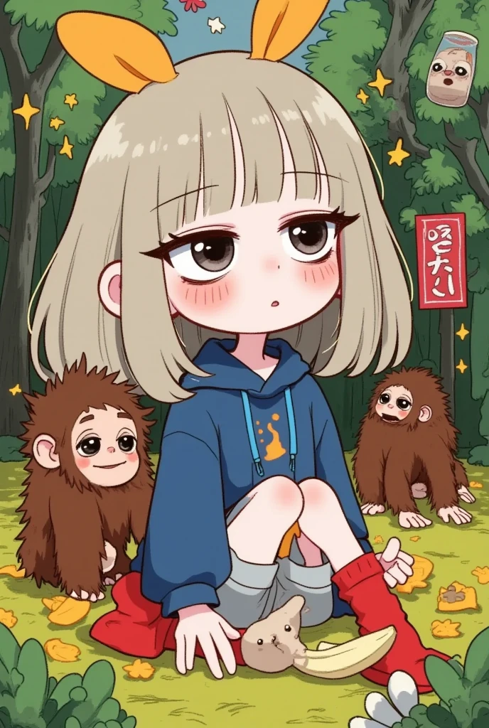 unique ,1 Girl\( cute, Red Cliff, furry bunny ears \(swing\), short gray hair , bangs, gently close eyes , Long eyelashes, throw banana peel , sit on the ground hips ,( blue hoodie dress )\). rest . detailed photorealistic jungle background, realistic orangutan smile , cute pop art style, masterpiece, best quality, No outline , wireless, very flat image