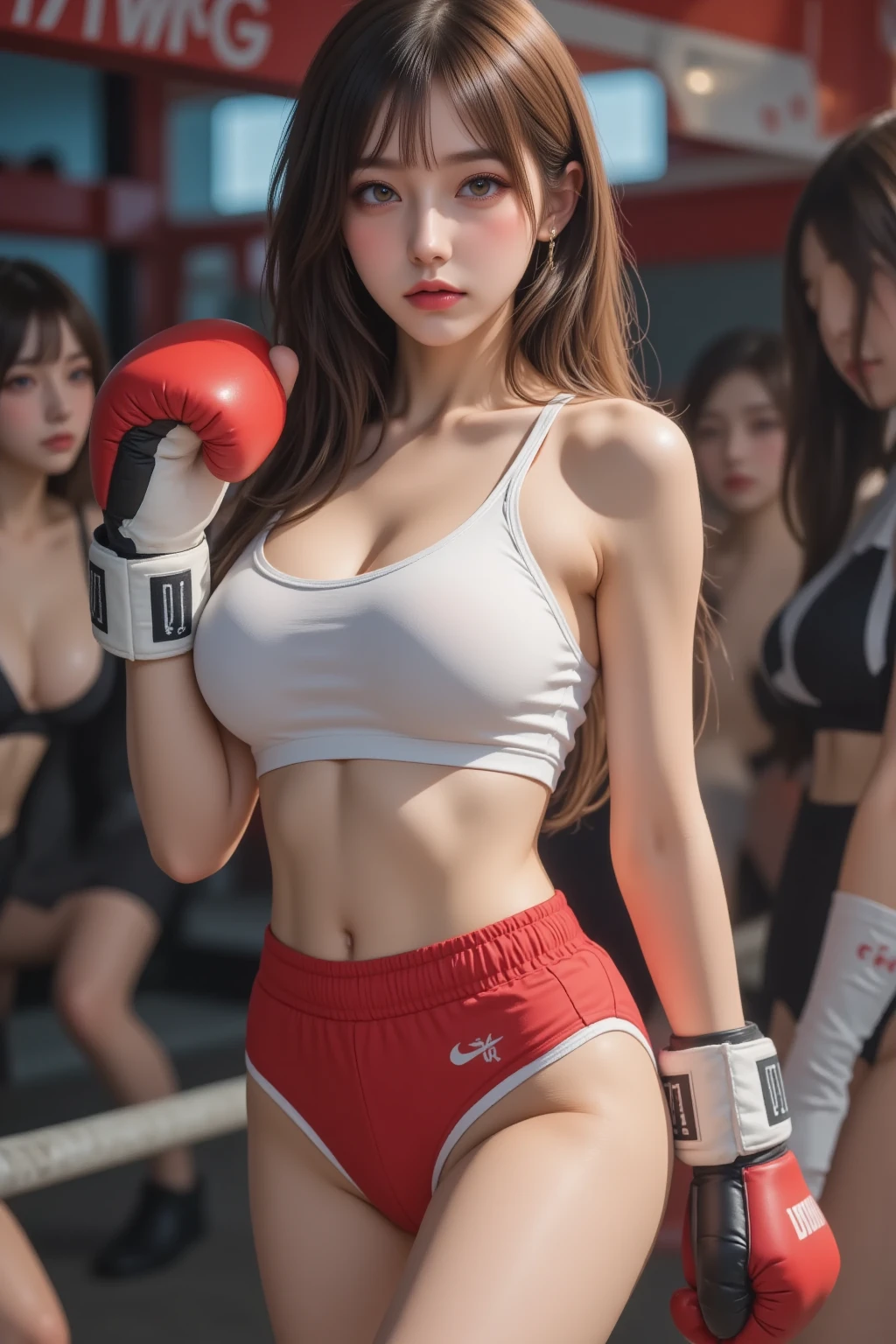 nikon RAW photo,8 k,Fujifilm XT3,photorealistic,realistic, solo, photorealistic, best quality, ultra high res, (skin spots:0.1) sexy expression, stan, modeling, masterpiece, best quality, extremely detailed face, perfect lighting, solo,1girl, sexy sight best quality, ultra high res, photorealistic, ultra detailed, masterpiece, best quality, iu1, tiny butt, lee ji-eun, nipple visible, topless, boxing shot, photoshoot style, sexy boxer girl inside a box ring