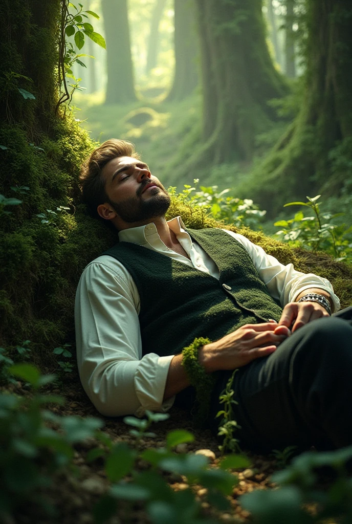A king on his back wearing a moss shirt and a black vest,in the middle of a forest