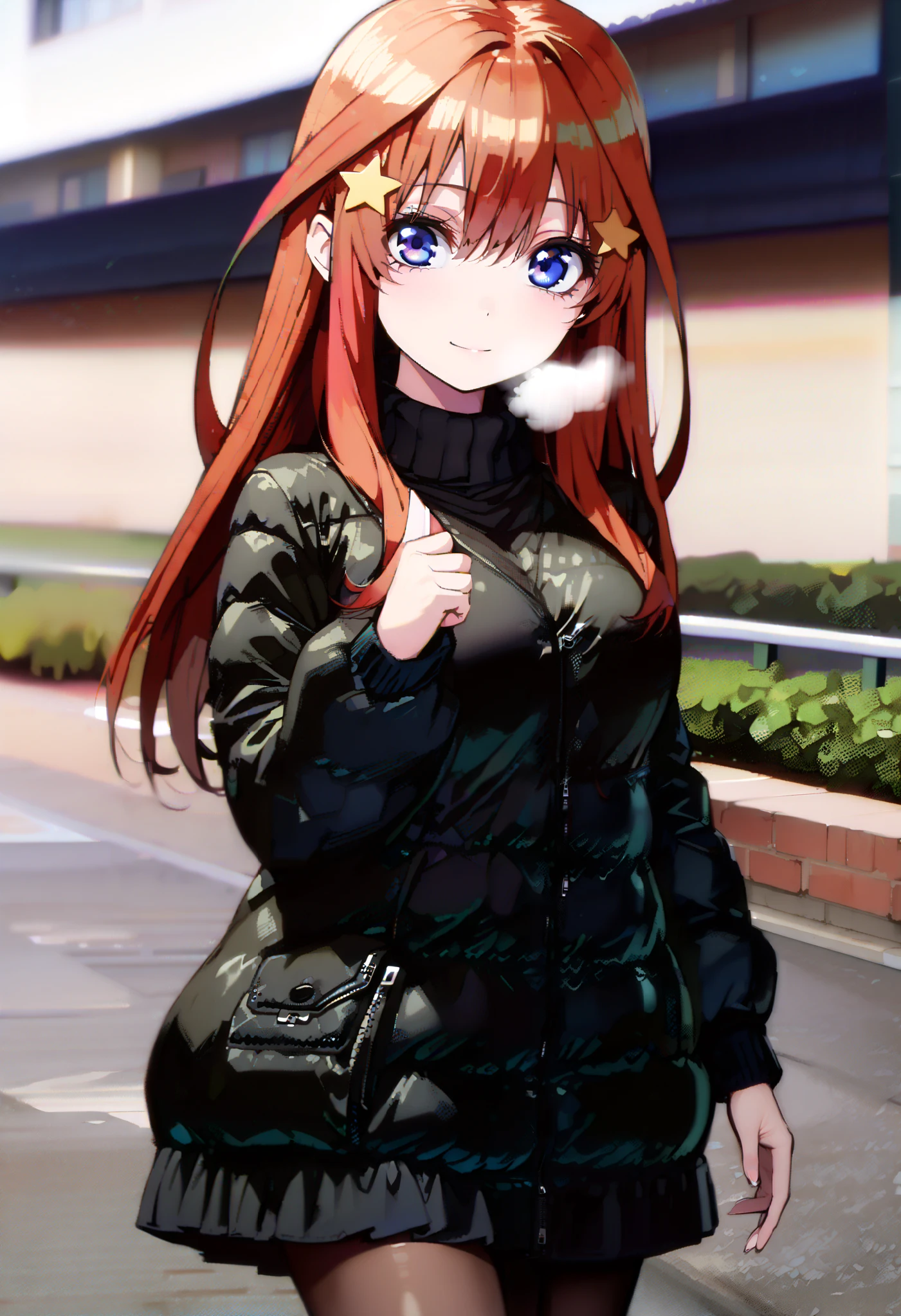 Nakano Mizuki , stupid hair, long hair, blue eyes,star ( symbol ), half rimless glasses, underrim eyewear , star 髪飾り, Red Hair,Big Breasts,smile,red, mouths, White Breath, down jacket,( sweater :1.2),( turtleneck:1.2),redマフラー,Black long skirt, black tights, short boots, walking behind,winter,whole bodyがイラストに入るように, break looking at viewer,whole body,
break outdoors, University,School building,building,
break (masterpiece:1.2), best quality , kampala,unity 8k wallpaper,(shape:0.8),( fine, beautiful eyes :1.6),It's a person ,whole body写真,CG Details , (perfect hand, complete anatomy),