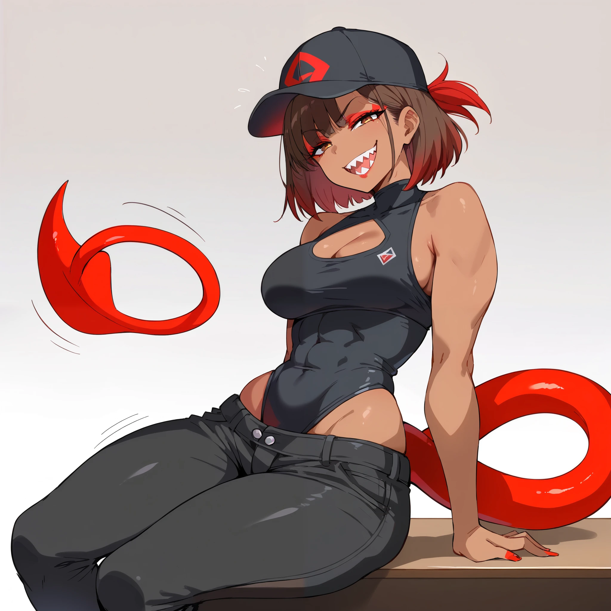 1girl, solo, height difference, short sleeve hoodie, black fingerless gloves, breasts, wide hips, blush, blushing, thick thighs, night, cross necklace, heart eyes, full body shot, horns on head, demon tail, black white and red outfit, red black and white background colors, white hair, tomboy, short hair, smiling, sneakers, running shoes, booty shorts, exposed thigh, exposed calves, green eyes, black hair, viewing from below, thick thighs, shortstack, knee socks, exposed stomach