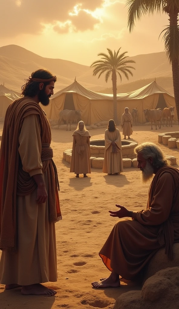 "Create a detailed scene of an ancient biblical setting where an elderly man with white hair and a beard, covered in sores, sits on the ground in agony. He wears tattered clothing, and his body language shows deep suffering. Around him, a group of people dressed in traditional ancient Middle Eastern garments are standing, some looking concerned, others shocked or in deep thought. The setting includes a desert landscape with distant mountains, ancient buildings in the background, and a few scattered palm trees. The overall atmosphere is somber, reflecting the man's intense suffering and the empathy of those around him."