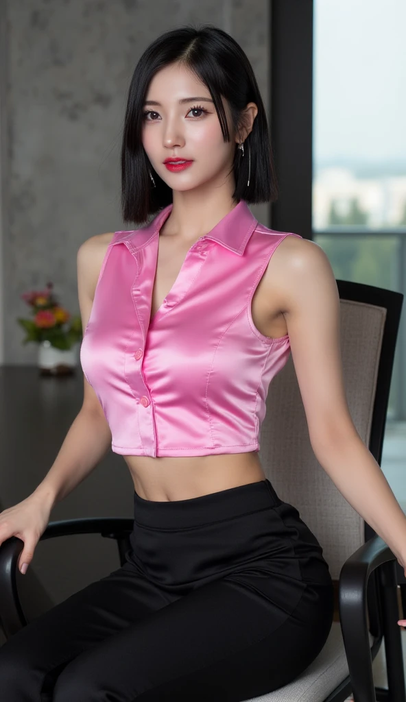 a woman in a pink top and black leather skirt, open shirt, satin silver, portrait sophie mudd, wearing a sexy cropped top, brown shirt, extremly high quality, absolutely outstanding image, taken in the early 2020s, girls, malaysian, nigth, very very high detailed, girl in a suit, reddish