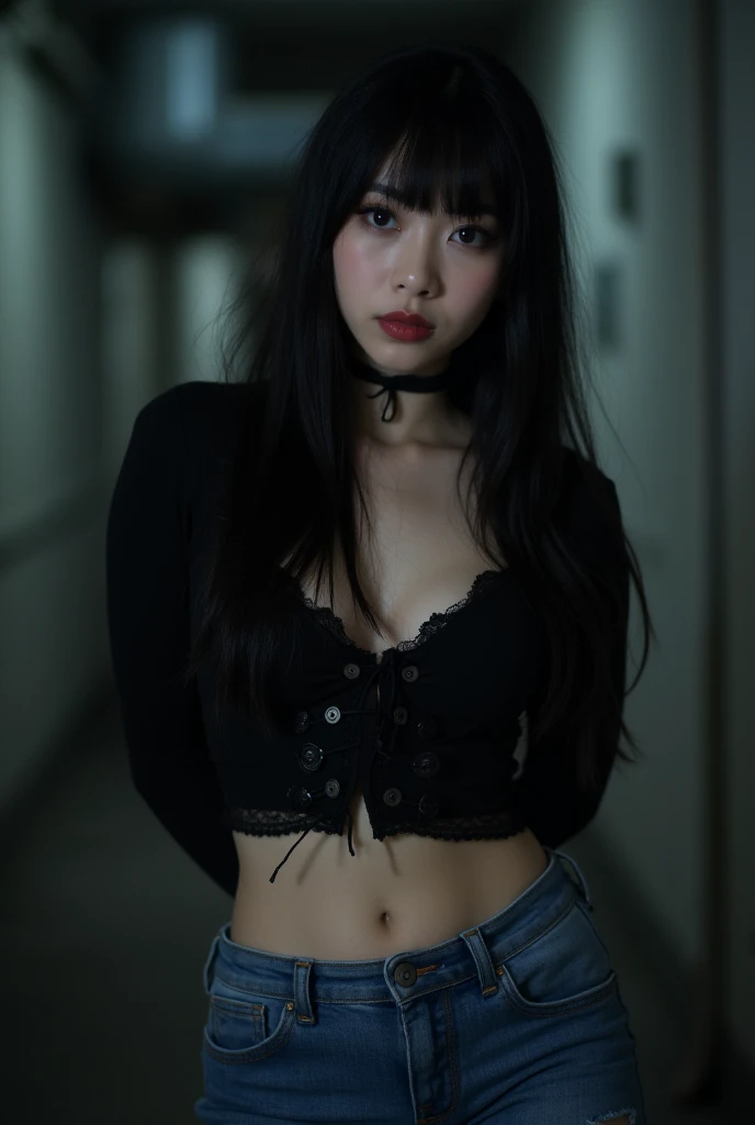 a detailed portrait of a poor 13 year old emo teenage girl (body and face like a teen), with long blackhair, beautiful detailed eyes, beautiful detailed lips, extremely detailed face, extremely cute body and face, bruises on her body, hourglass figure, skinny, short stature, sweaty, little breasts, round ass, wearing dirty and tattered clothes (short skirt, tattered crop top), sitting on her knees in an dark alley, nightime, photorealistic, highly detailed, 4k, dramatic moody colors