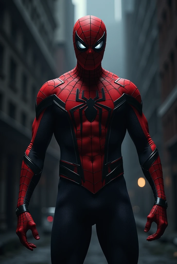 Spider-Man and Deadpool in an unexpected, emotionally-charged embrace on a rain-soaked rooftop. Spider-Man, wearing his iconic red and blue costume with the spider emblem gleaming wetly in the dim light, is cradling Deadpool's masked head with one hand, his other arm wrapped tightly around the mercenary's waist. Deadpool's costume, a stark contrast of red and black, is similarly drenched, with water droplets clinging to the fabric. His eyes are closed beneath the mask, a rare moment of vulnerability for the typically sarcastic antihero. The scene is bathed in a monochromatic palette, with the only hints of color coming from their costumes and the reflection of the distant city lights in the puddles around them. The rain falls heavily, obscuring the background and creating a sense of isolation and urgency. Despite the grim setting, there's a tenderness in Spider-Man's gaze as he leans in to place a gentle kiss on Deadpool's forehead, a silent promise of comfort and solidarity in the face of adversity. The tension in Deadpool's body slowly relaxes, and his hand, which had been clutching Spider-Man's wrist, loosens slightly. The scene is a poignant mix of superhero grit and human connection, capturing a brief moment of peace amidst the chaos of their lives. The rain continues to fall, blurring the lines between the two characters and symbolizing the washing away of their differences. The stark contrast between the vividness of their costumes and the bleakness of the surrounding environment highlights the stark reality of their friendship in a world where heroes are often forced to be enemies.