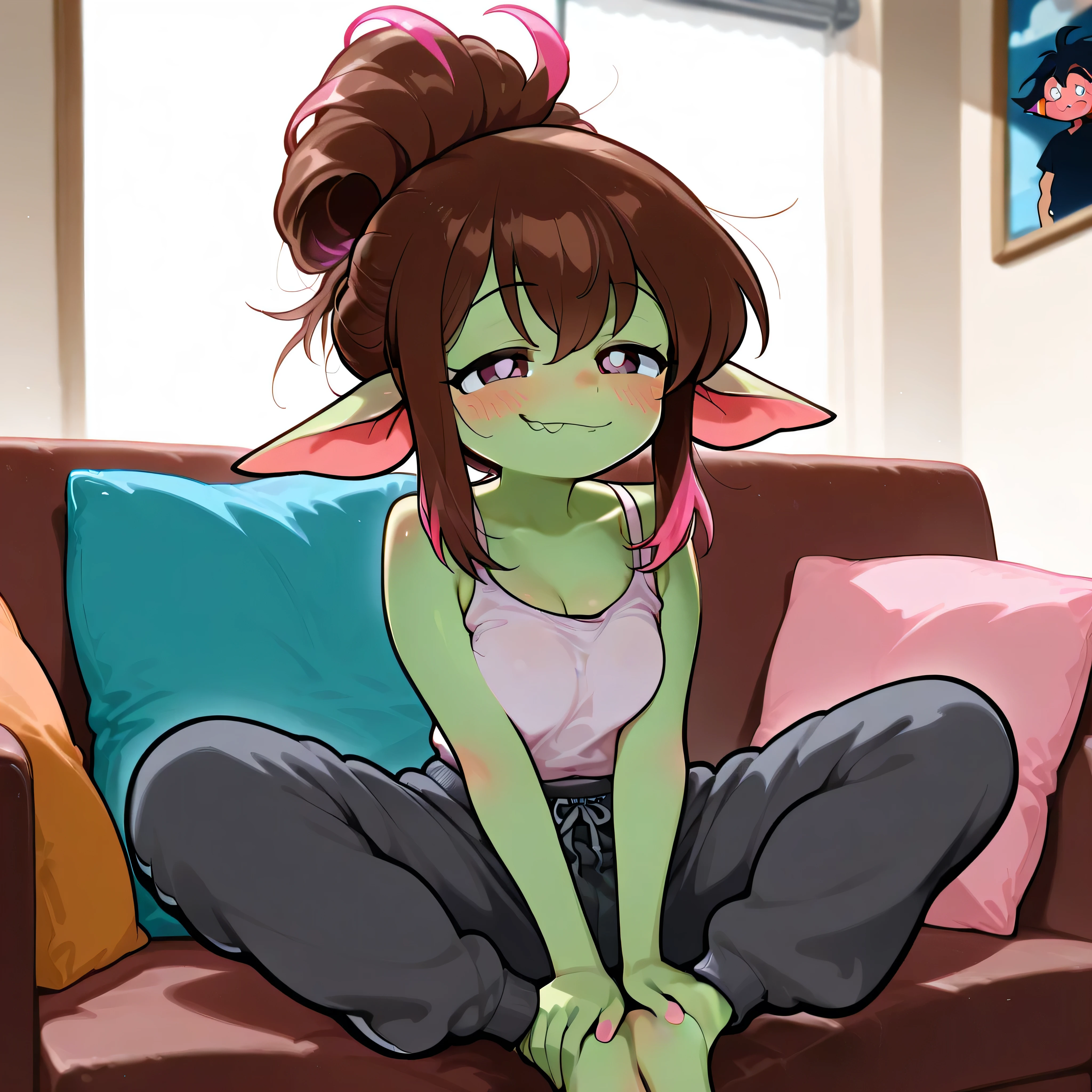 masterpiece, amazing quality, (90's anime style), detailed shading, (1 goblin girl), (green skin), (brown hair with pink highlights), (flowery updo), smile, blush, sexy, short, thick, (large droopy ears), sweatpants, tank top, couch, pillows, (medium chest), (hands on ankles) 